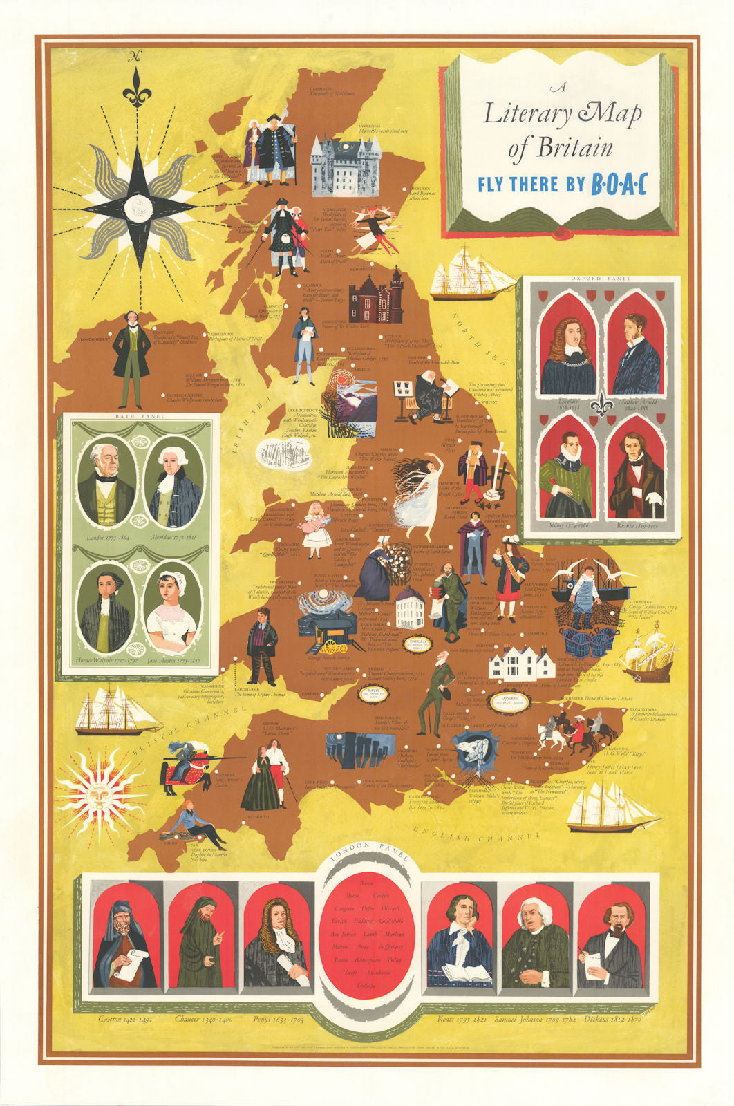 A Literary Map of Britain. Fly there by BOAC. By Robert Tavener 1962 old